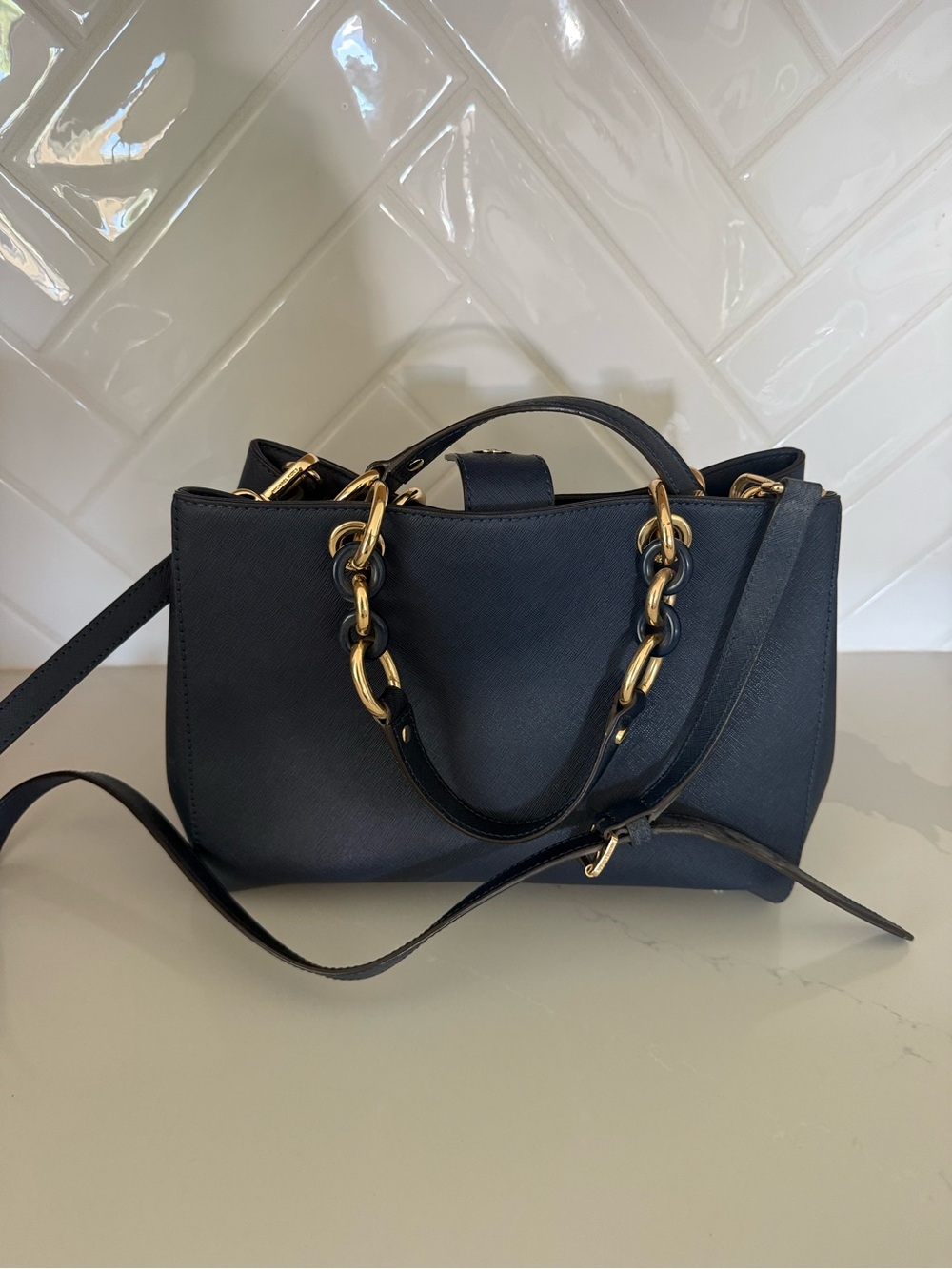Michael Kors Navy Saffiano Leather Satchel with Gold-Tone Hardware - Picture 4 of 6